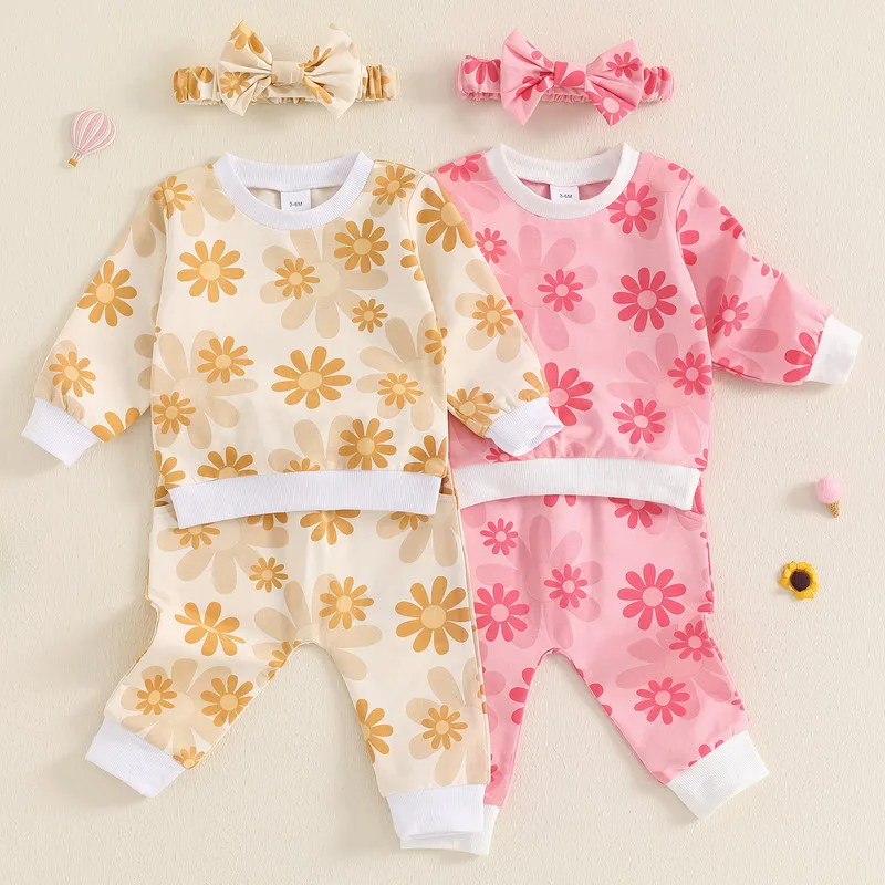 

RUEWEY 3 Months to 3 Years Baby Girls Pant Sets Spring Autumn Clothes Flower Long Sleeve Sweatshirt with Sweatpants Headband