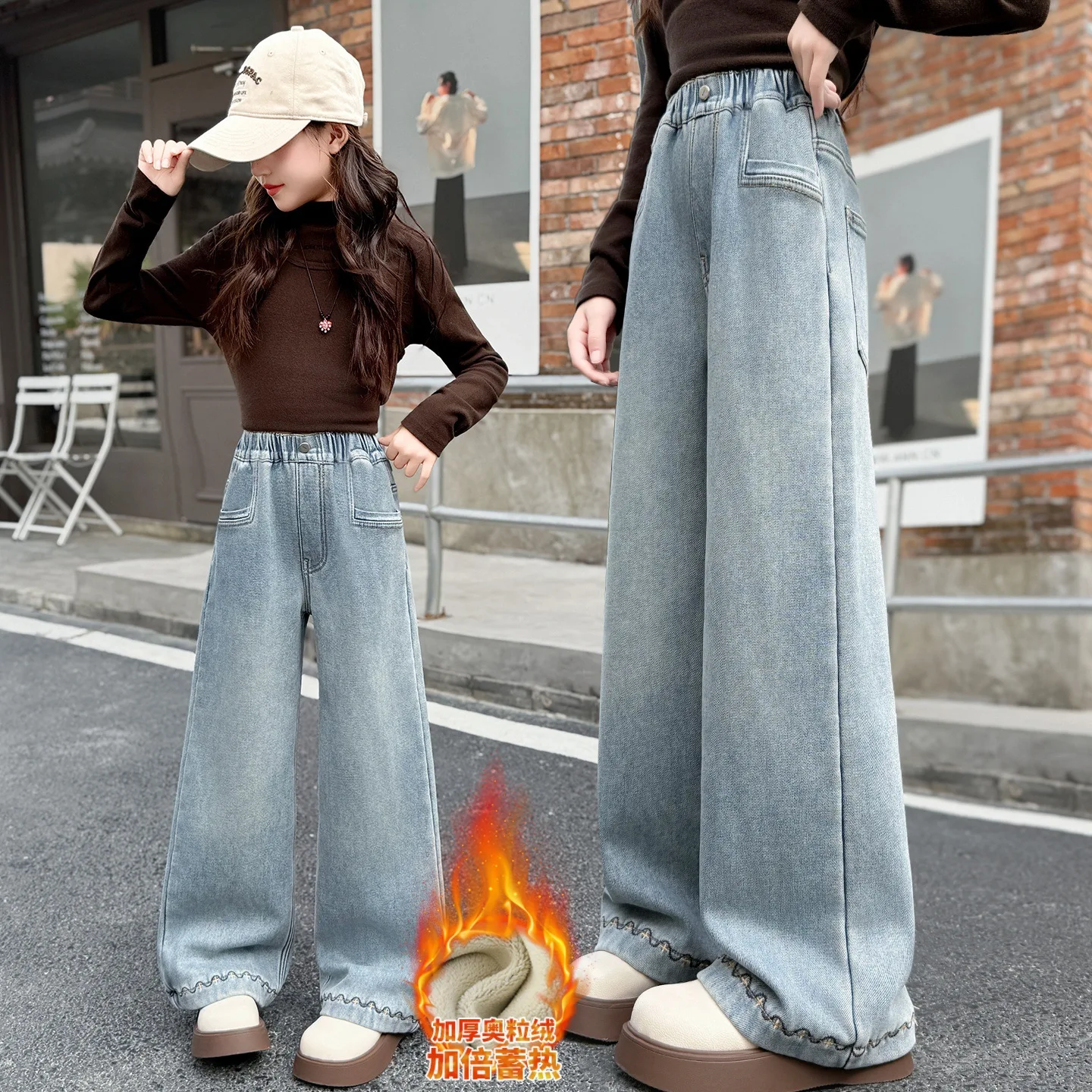 

Бархатные джинсы для девочек, новинка зимы 209, зимние теплые детские зимние теплые толстые широкие джинсовые брюки с вышивкой для детей от 4 до 14 лет