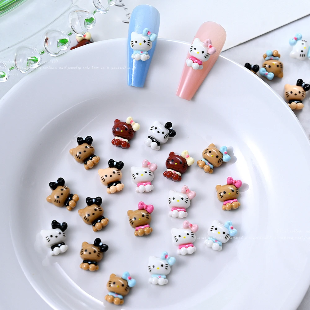 10Pcs Miniso Kawaii Black/White/Brown Skin HelloKitty Nail Art Charms Y2K Hellokitty Cat Head 3D Nail Decora Sanrio Jewelr Craft