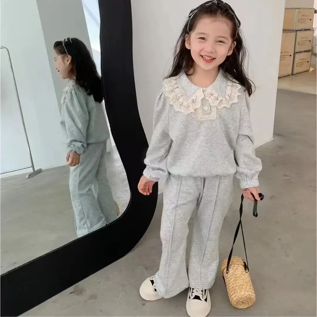 Two Pieces Fashion Autum Girls Clothes Pink Grey Lacy Border Collar Pullover Sweaters Wdie Leg Pants Trousers