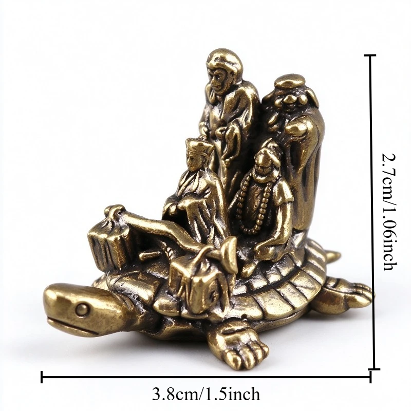 Brass Four Characters on Turtle Figurine Retro Oriental Legend Statue Desktop Ornament Vintage Craft Collectible Table Decor