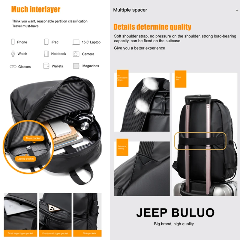 JEEP BULUO-mochila ultraligera de alta calidad para hombre, morral escolar de moda suave para ordenador portátil, bolsas de compras de viaje