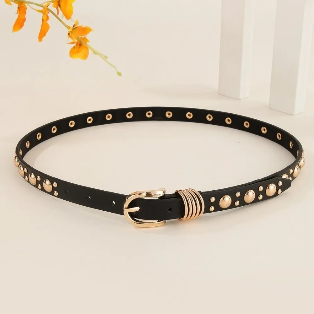 New Metal Buckle Inlaid Gold Mushroom Stud Belt Pu Leather Thin Rivet Heavy Metal Belt Dress Waistband Women's