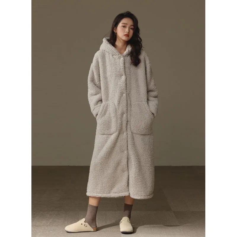 Long Style Gentleman Night Gown Bathrobe Dressing Gown Soft Plush Couple Pajamas Female Autumn and Winter Coral Fleece Hooded