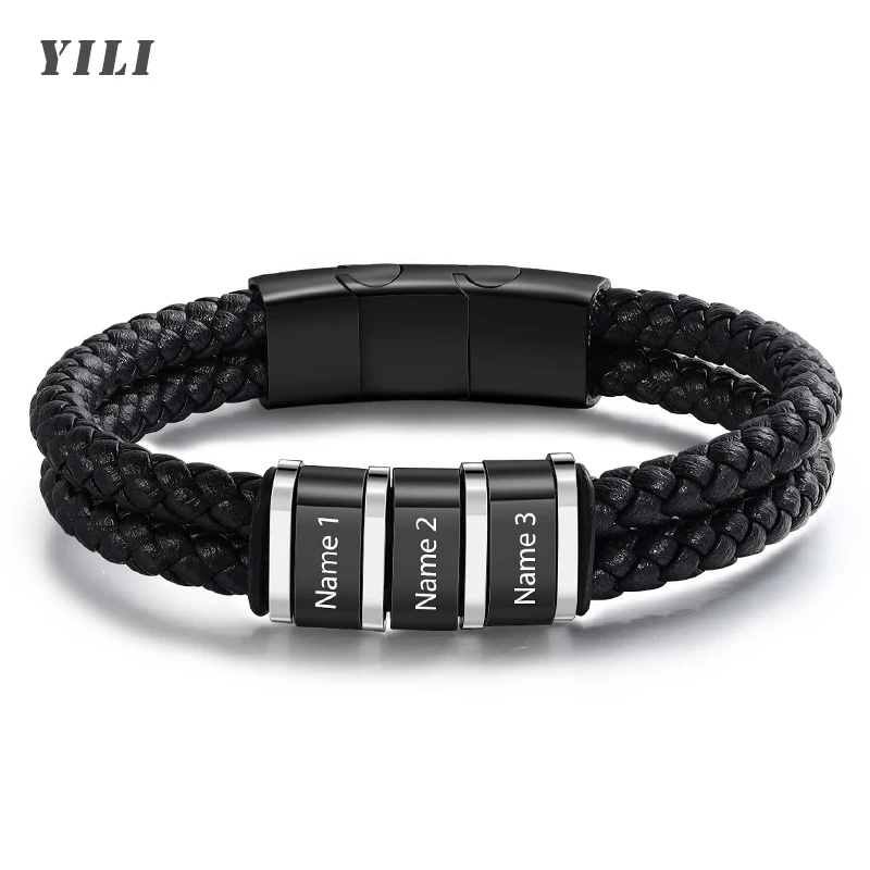 Personalized Bracelets for Men Custom Men's Name Bracelets Braid Leather Bracelet with 1-5 Names Engraved Personalized Gift for