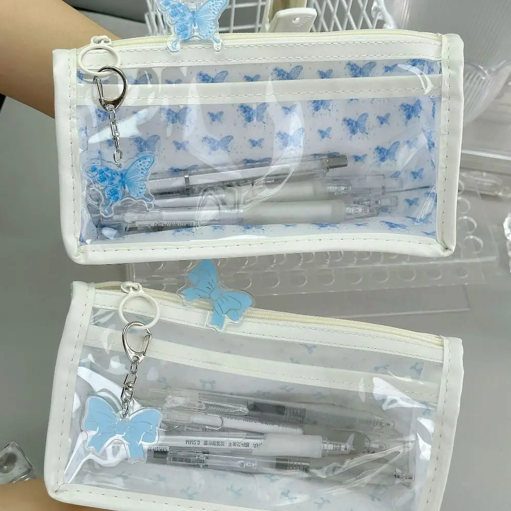 Waterproof Butterfly Floral Print Pen Bag Double Layer Large Capacity Pencil Case Transparent Pen Pouch Gift