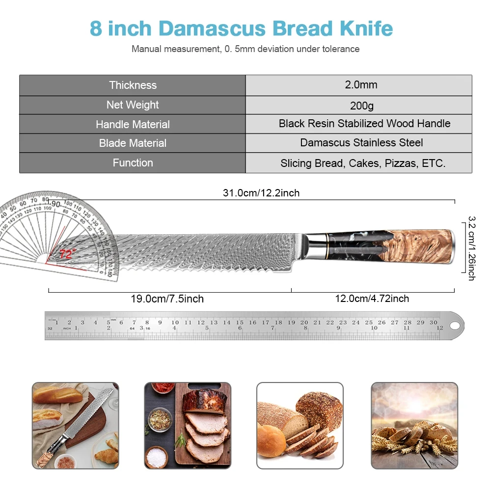 8-inch Bread Knife Sharp Serrated Knife Japanese Damascus Steel Blade Kitchen knife Cake Knife Bread Cutter Crusty Bread slicer