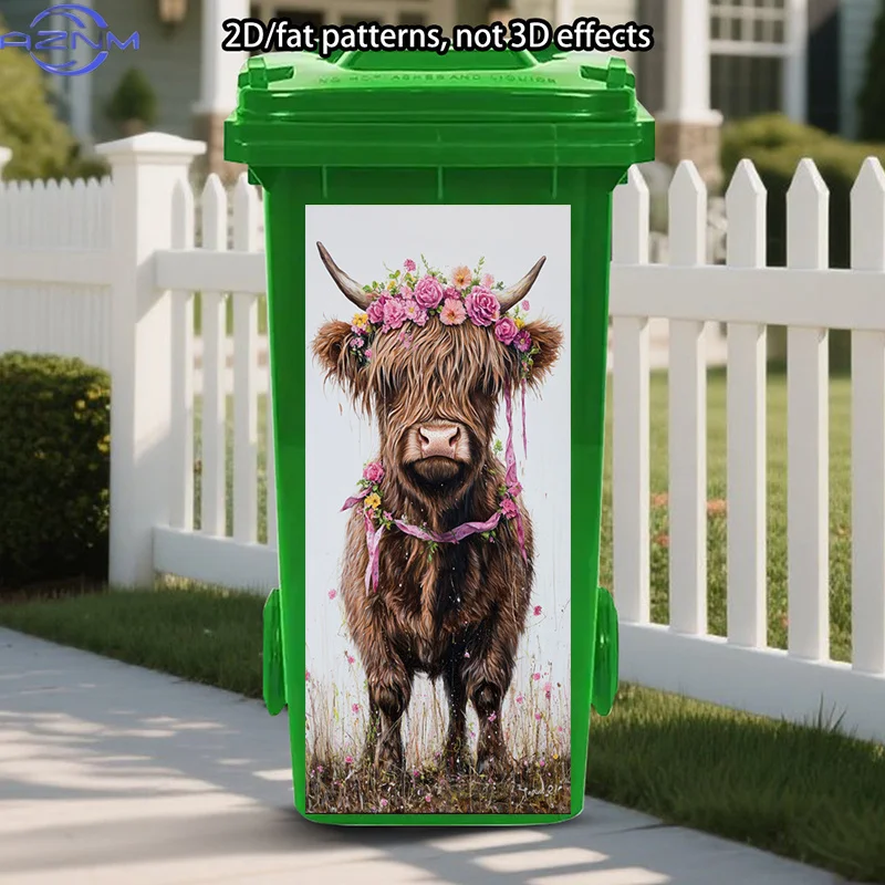 Bouquet Decor Trash Can Sticker Decoration, Flower-Crowned Highland Cow Stickers, Rustic Farmhouse Self-Adhesive Removable Tra