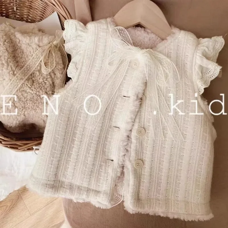 New Students Autumn Winter Thickened Lace Vest Girls Fleece Warm Shoulder Vest Baby Reversible Knitted Kids Children Casual Vest