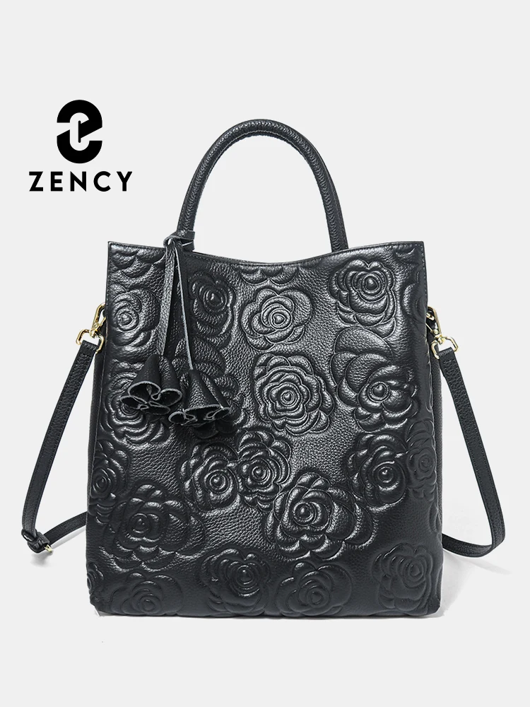 Zency 100% حقيبة يد جلدية حقيقية سعة كبيرة المرأة حقيبة كتف محفظة ريترو الأزهار Crossbody حمل حقيبة تسوق سوداء الشتاء