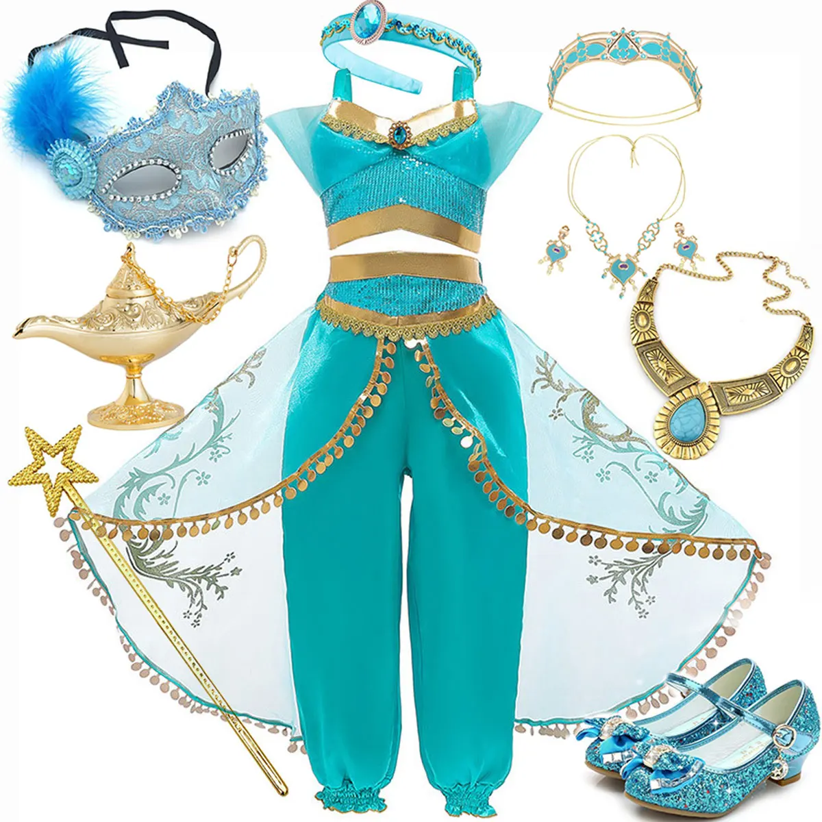 

Disney Girls Jasmine Aladdin Princess Dress Magic Lamp Carnival Party Two-piece Set Clothing Vestidos Halloween Costume Dress