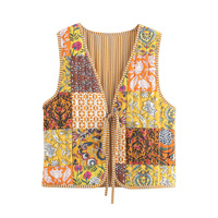Zevity Women National Style Sleeveless Patchwork Floral Print Quilted Vest Jacket Ladies Lace Up WaistCoat Chic Crop Tops CT6267
