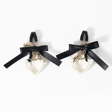 Adjustable Nipple Clamps With Soft Non Slip Tips Black Bow And Pearl Heart Pendant Perfect For Intimate Couple Bedroom Play