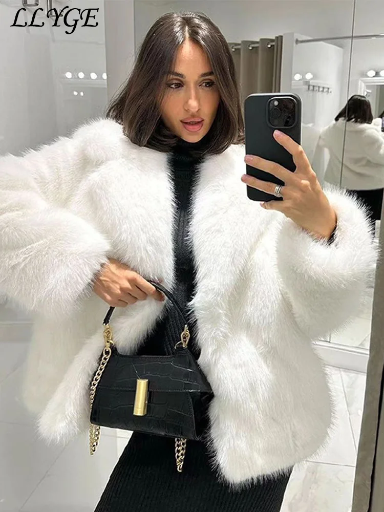 Elegant Women\'s Faux Fur Coat Loose Lapel Long Sleeve Female Furry Jacket 2024 Autumn Winter Lady Street Luxury Plush Overcoat