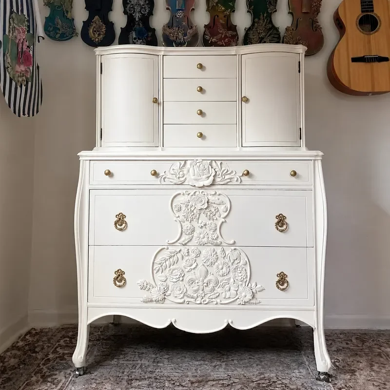 Vintage White Solid Wood Carved Flower Chest Cabinet Living Room Bedroom Dressing Storage Side Table with Drawers Home Decor