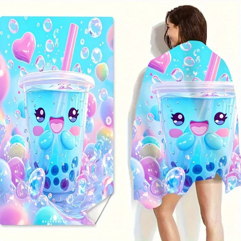 1PC Cute Milk Tea Pattern Beach Towel, Ultra-Fine Microfiber, Ideal for Beach, Pool, Bathroom, Yoga, Fitness & Camping