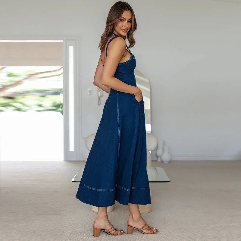2025 nuovo design estivo abito lungo in denim allacciato slim, casual, aderente e sbiancante