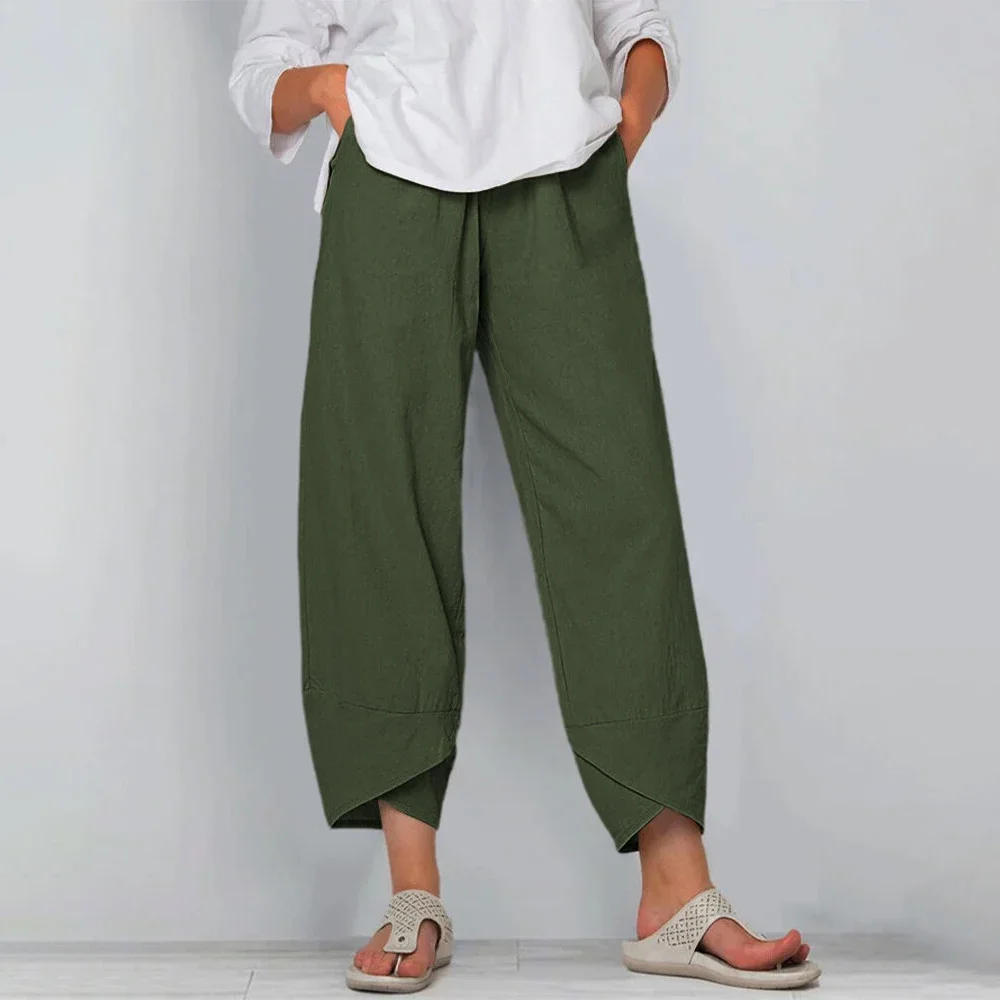 Ladies Solid Linen Loose Cropped Pants Elastic High Waist Irregular Hem Trousers Women Casual Summer Streetwear Cropped Pants