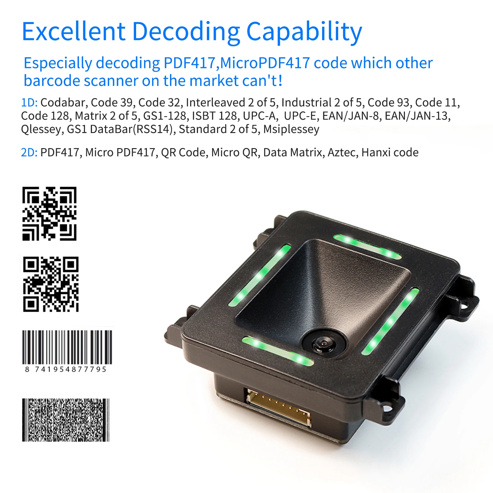 Embedded 1D 2D Barcode Scanner QR Bar Code Reader Module Scanner RS485 Port Connection Auto Scanning for Gate Machine Tickets