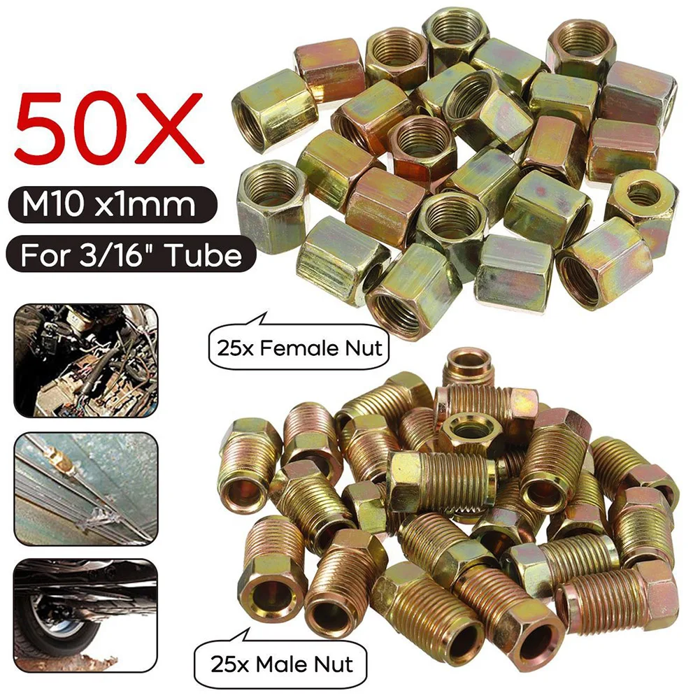 

50Pcs Male Short Brake Pipe Screw Nuts Brake Line Fittings Assortment M10 X 1mm For 3/16\"Tube Thread Nuts Female W/Male Set