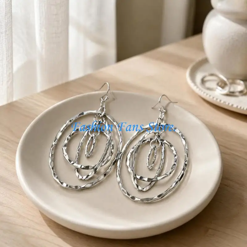 Bold Stacked Ring Drop Earrings with Hammered Texture, Silver Tone Multi Ring Alloy Pair for Party Outfit, Daily Styling and