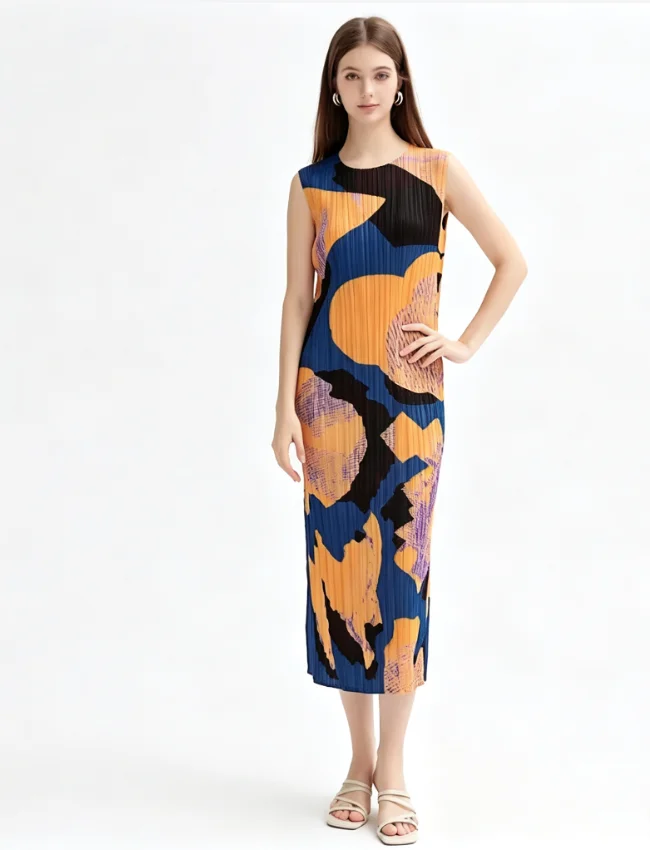 Miyake Women Abstract Print Pleated Sleeveless Dress Round Neck Loose Casual Straight Long Dress