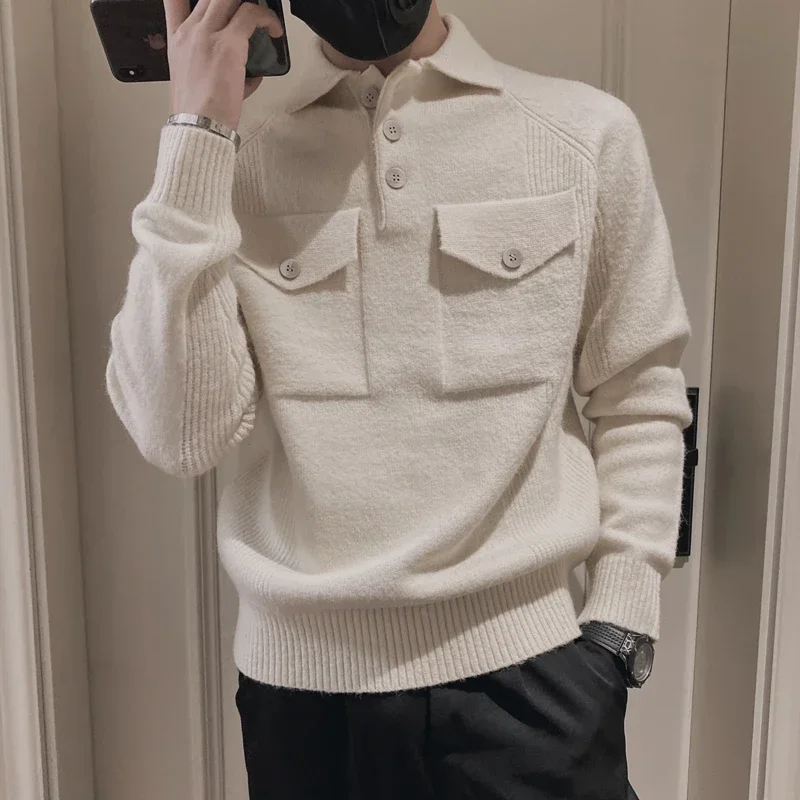 Korean Style Men Keep Warm In Winter Casual Knit Sweater /Male Lim Fit Beige Soft Knit Pullover brand clothing Sweaters S-3XL