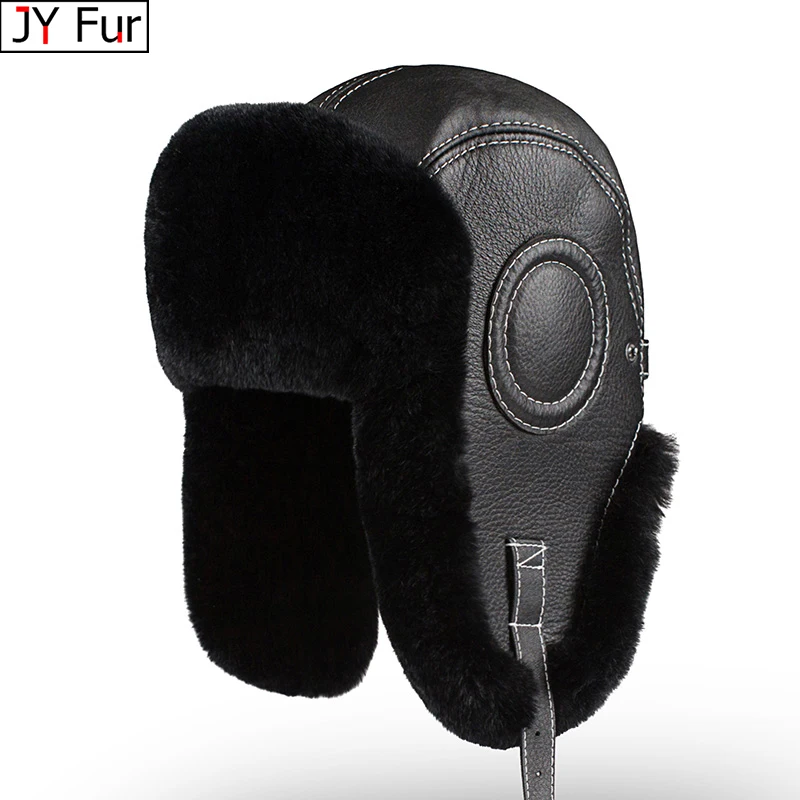 Winter Bomber Hats Rex Rabbit Fur Earflap Russian Ushanka Men Trapper Aviator Pilot Hat Real Leather Fur Snow Caps