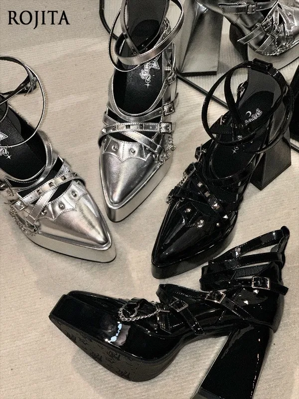 

Platform Mary Janes Shoes Original Pointed Waterproof Table High Heels Gothic Chain Decor Lolita Shoes Subculture Women's Shoes