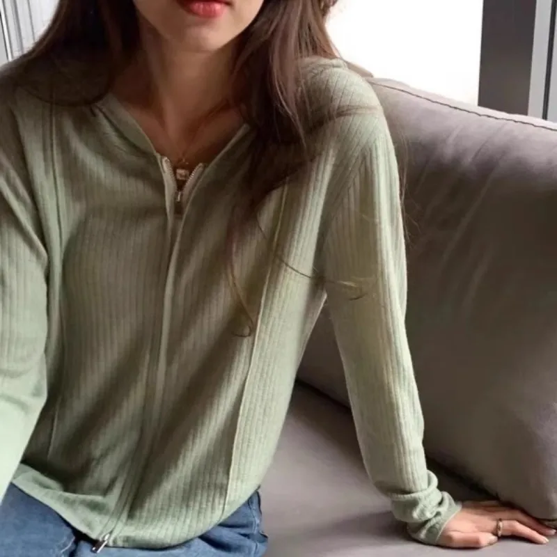 Fashion double zipper thin hooded cashmere knit cardigan women spring and autumn loose sweater wool hoodie hoodie 4