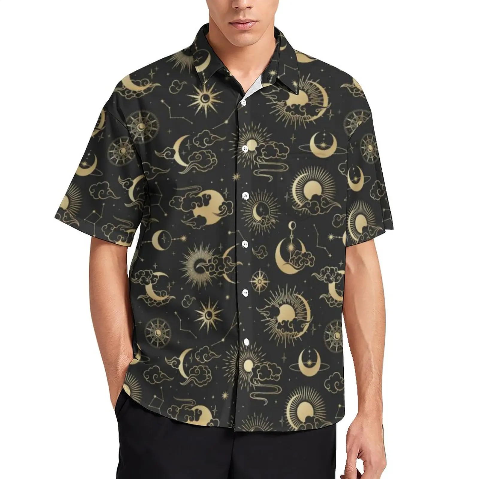 

Black And Gold Moon Beach Shirt Male Star Sun Astrology Art Casual Shirts Hawaii Short Sleeves Graphic Trendy Oversized Blouses