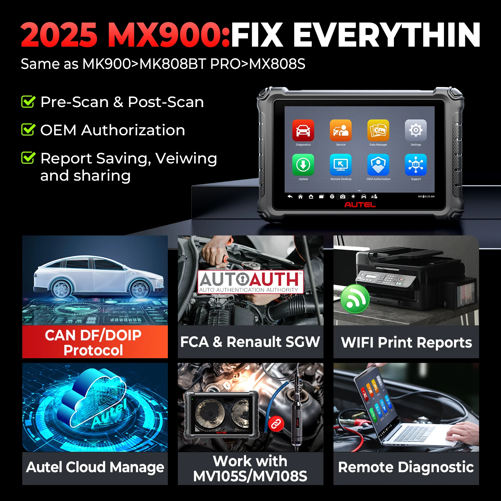Autel MaxiCheck MX900 Auto Diagnose Gereedschap DoIP CAN FD Automotive Scanner, een upgrade van de MX808S, diagnose van alle systemen.