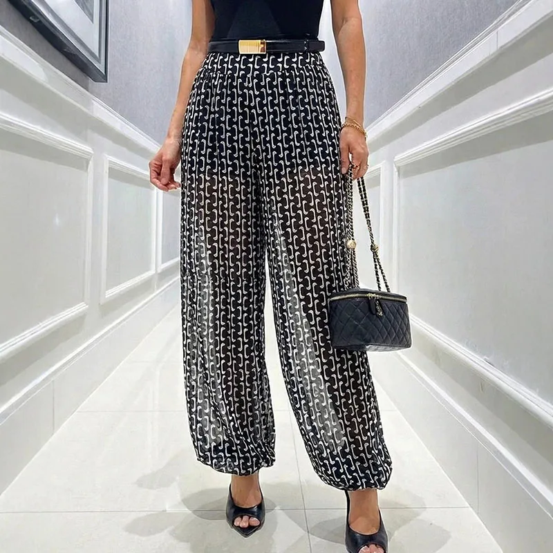 Summer Streetwear See Through Pant Mujer Vintage Geometric Print Wide Leg Pants for Women Casual High Waist Slim Office Trousers