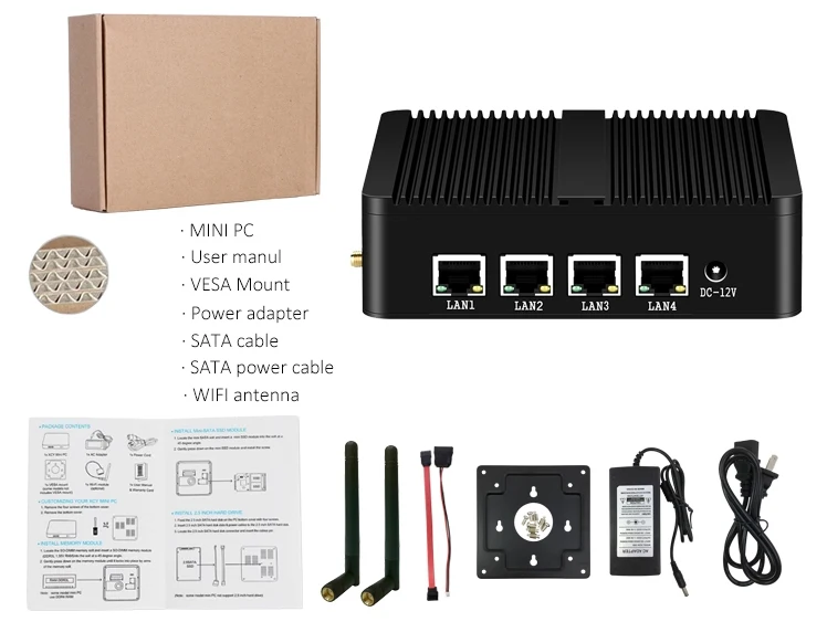 Firewall Router Pfsense Fanless Mini PC Celeron J1900 J4125 4 Core 4 LAN Gigabit Windows 10 Linux Openwrt Industrial  Server