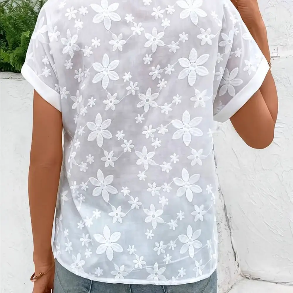 Summer Womens V Neck Blouse Short Sleeve Shirt Floral Embroidery Casual Loose Fit Solid Color Elegant Breathable Top
