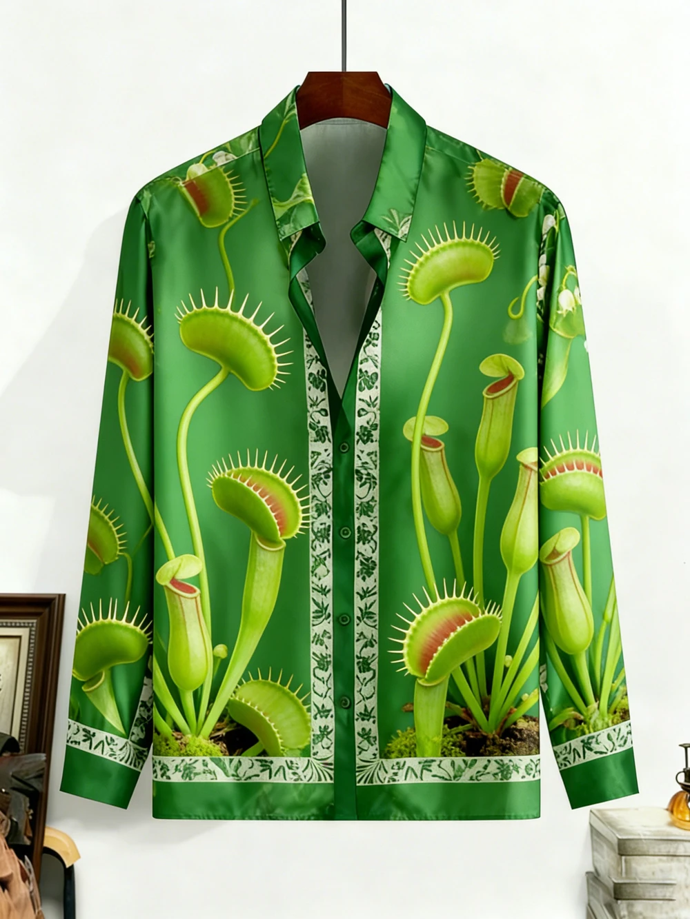 2026 Men's Eco-Friendly Green Long Sleeve Shirt HD Flower Grass 3D Printed Shirt Hawaiian Outdoor Party Social Men's Clothing