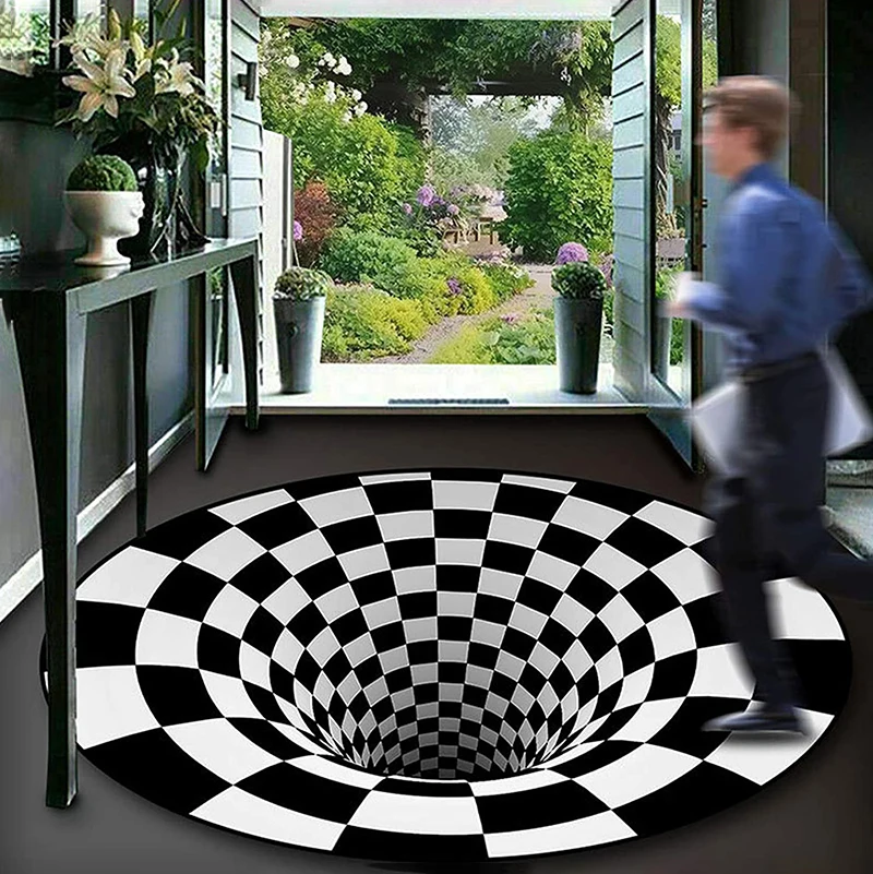 Round Carpet 3D Optical Illusion Carpet Anti-Slip Mat Black White Trap Door Mat Floor Mat Anti-Slip Living Room Floor  Area Rug