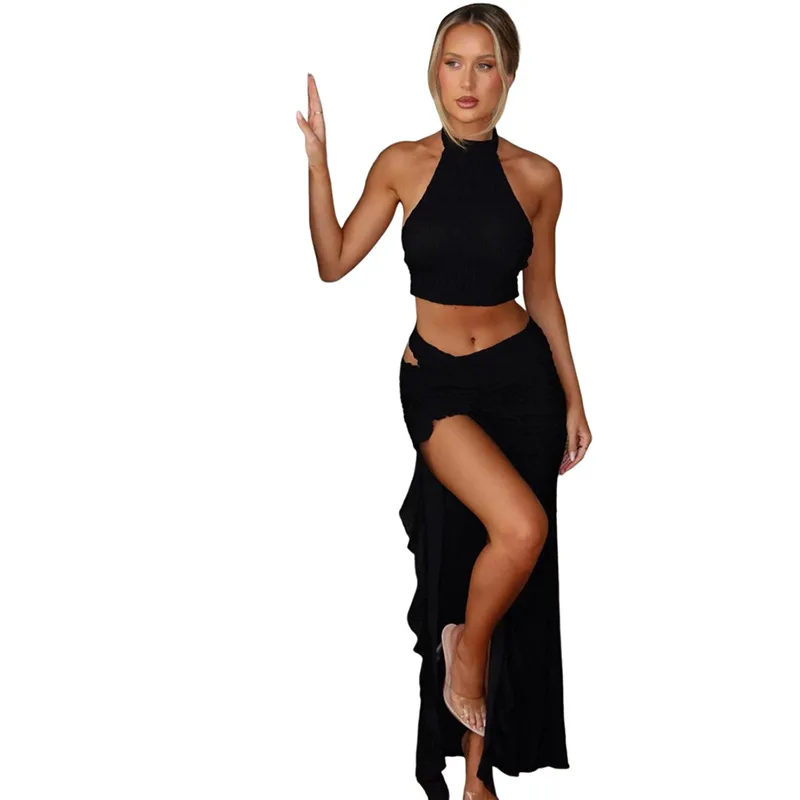 2025 primavera roupas femininas nova spice girl sexy pescoço halter sling colete fino split saia conjunto vestido plus size 3xs-3xl