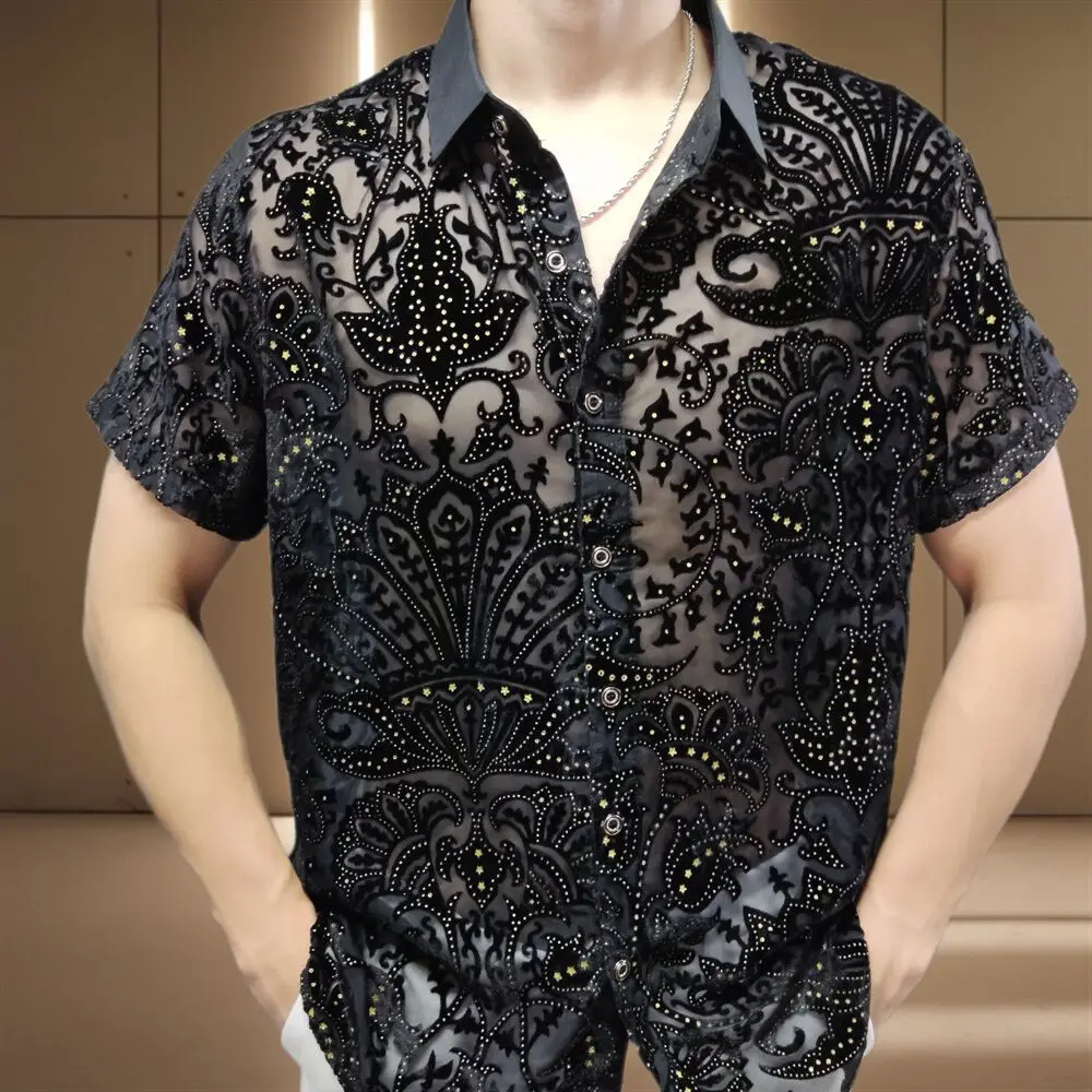 Black Gold Flower Pattern Velvet Shirt Men Transparent Short Sleeve Sexy Shirt Social Club Outfits Party Camisa Floral Masculina