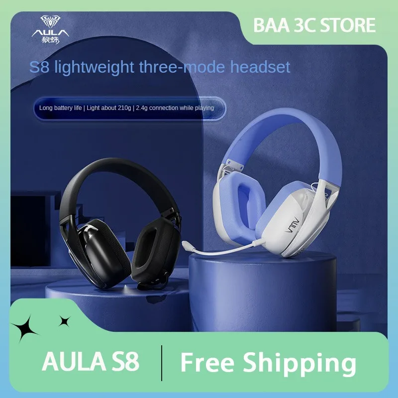 AULA S8 Wireless Headset Three Mode Bluetooth 5.3 2.4G FPS Gaming Headset Low Latency Long Endurance Lightweight Pc Headphones