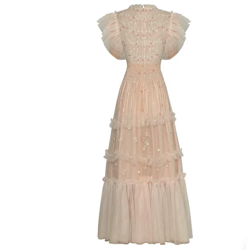 Summer New Collection Round Neck Ruffle Short Sleeve Embroidered A-Line Dress