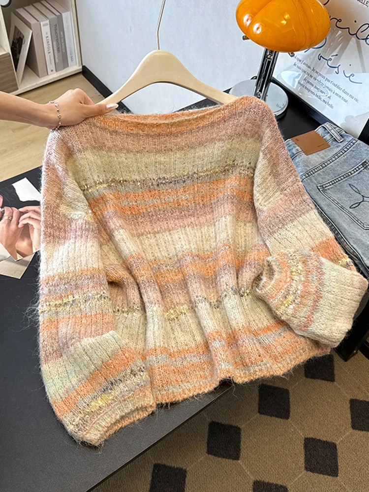 

Женский вязаный свитер в полоску, свободный крой, с длинными рукавами, осенне-зимний, новый, теплый, базовый, для повседневной носки, чистый трикотаж, для электронной коммерции