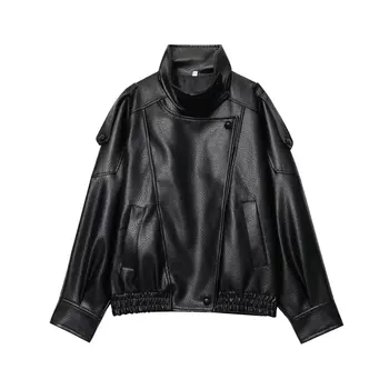TFMLN Chic Black Faux Leather Jackets Women Long Sleeve Buttons Elastic Oversized Coats Fashion 2025 Autumn Winter Streetwear 3