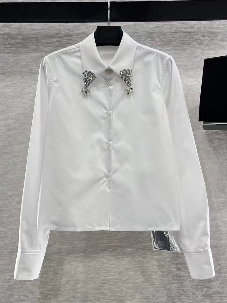 Chemise droite à revers de perles clouées pour femmes, chemise courte en coton, artisanat lourd, tout à la mode, nouveau, printemps 2025