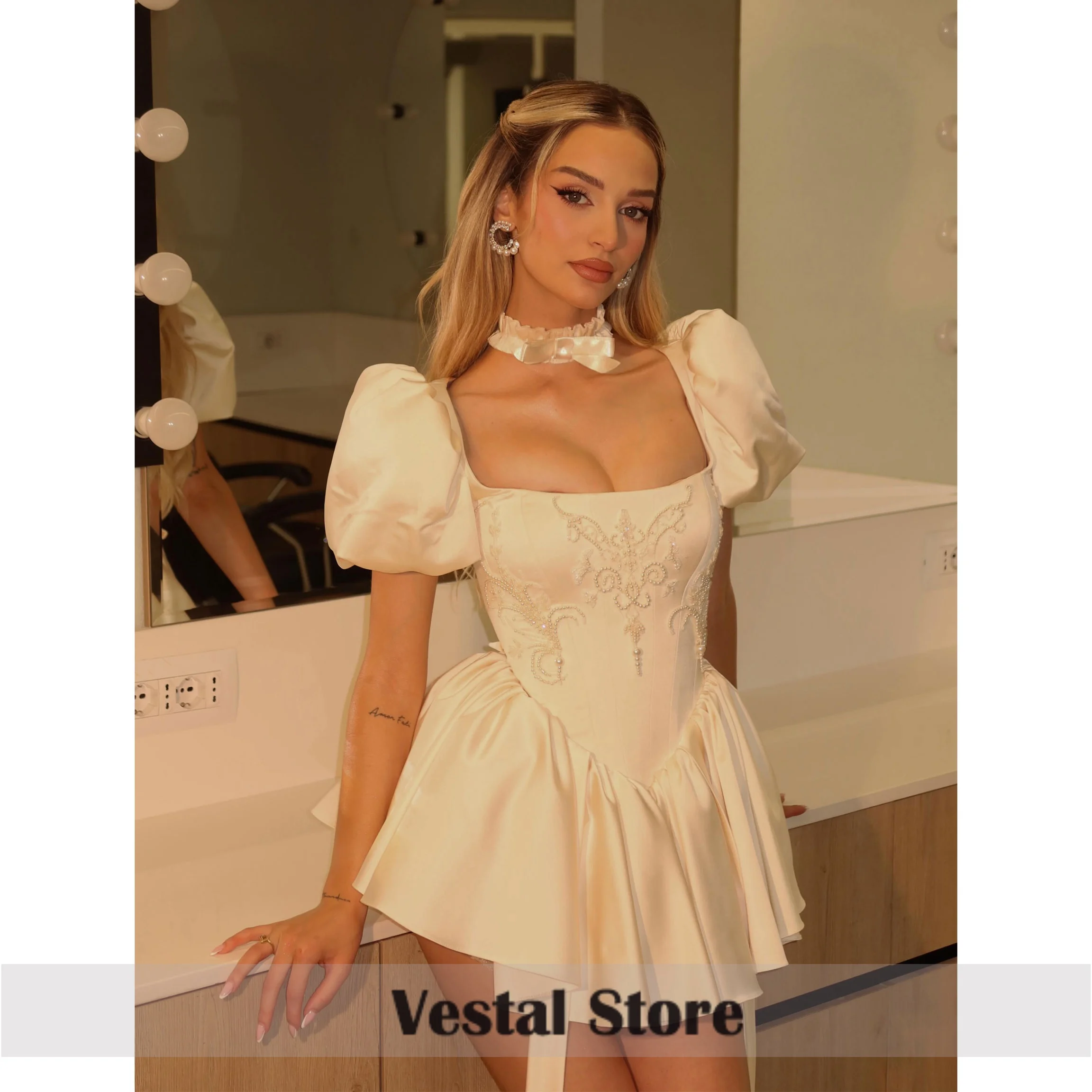 Vestal Satin Short Homecoming Dresses 2026 Puff Sleeve Square Neck Corset Mini Hoco Dress Birthday Party Gown Customized