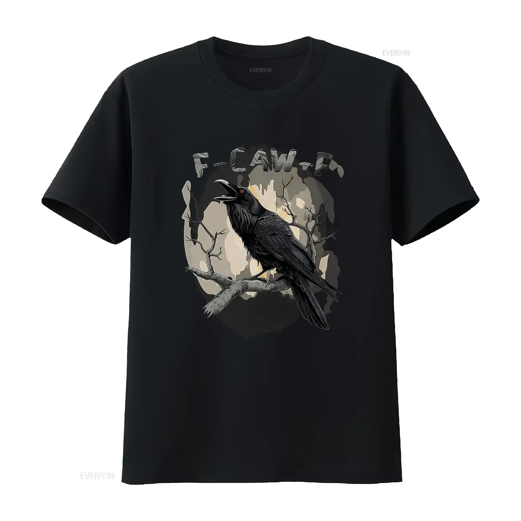 F Caw T Shirt Black Crow on Tree Branch with Moonlit Background Gothic Style for Men and Women vintage Washed Slightly graphic