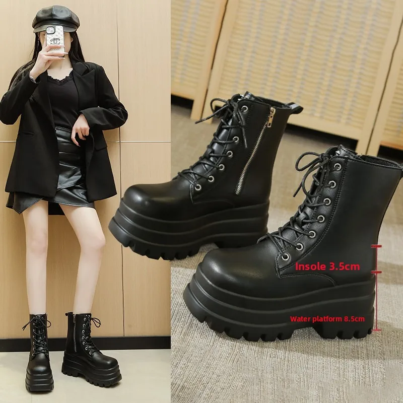 

15cm Thick Bottom Heightening Boots Women's Mid-Calf Long Leg Boots Fashionable British Style Four Seasons Boots