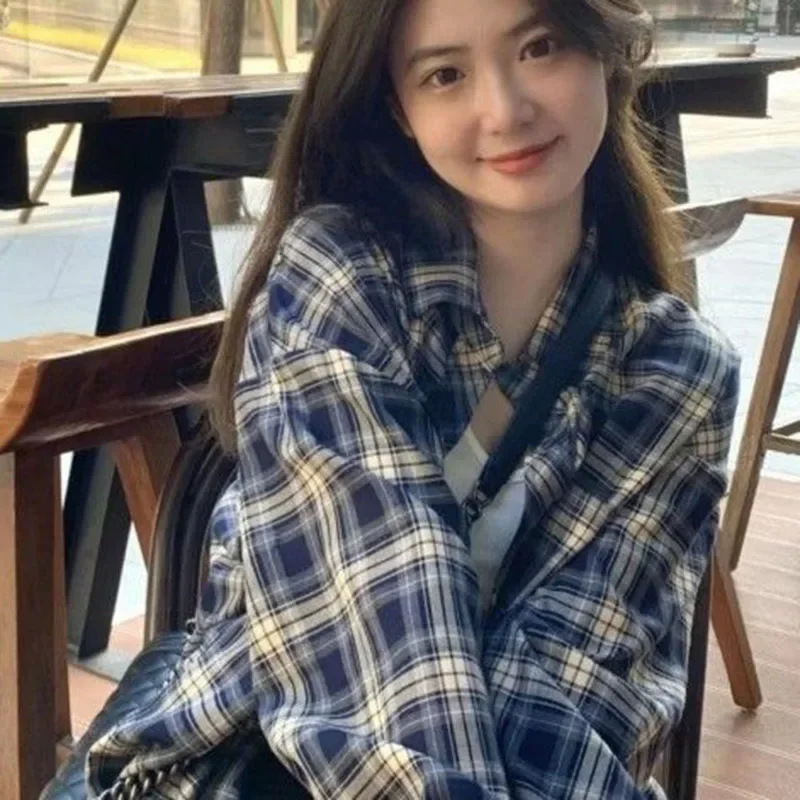 

Vinatge Oversized Long Sleeve Plaid Shirt Women Korean Loose Turn Down Collar Blouse Woman Spring Autumn Single Breasted Shirts