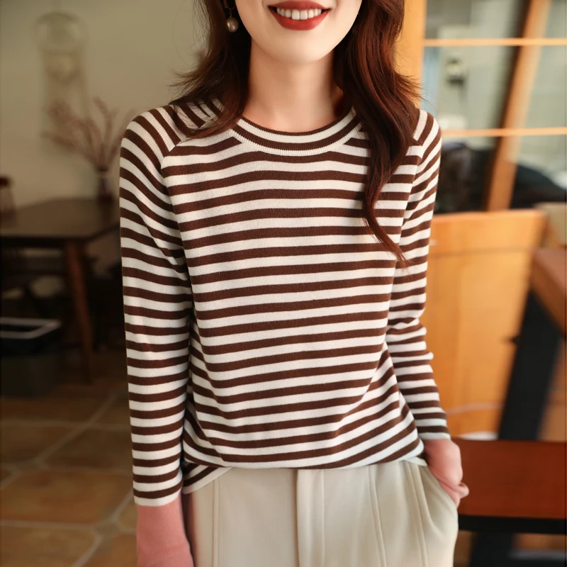 

Женские свитера, Полосатый Зимний пуловер с круглым вырезом, свободный тонкий вязаный свитер, Женский Осенний Топ с длинным рукавом, повседневный женский свитер