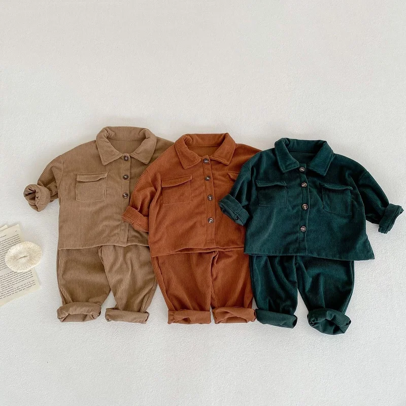 Spring and autumn baby corduroy long sleeve suit men\'s and women\'s cotton cardigan jacket pants two-piece simple casual sportswe